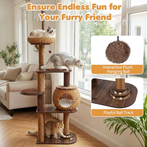 PETSITE 59.5-inch Tall PE Rattan Cat Tree, Multi-Level Modern Wooden Cat Tower with Sisal Scratching Posts, Ball Track Toy, Comfy Condo with Removable Soft Pads, and Hanging Ball, Ideal for Indoor Cat