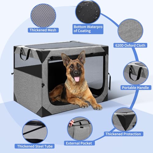 Dog Crate,36x25x25 Inch Large Dog Crate for Large or Medium Dogs, Portable and Foldable Design of Dog Cage, Perfect for Travel or Home Use, Dog Kennel with 3-Door and Durable Mesh Windows, Light Grey