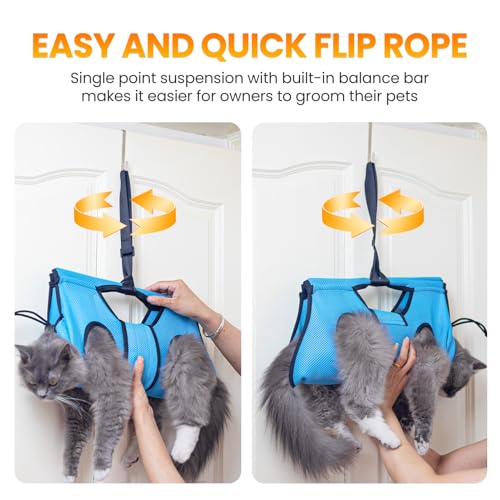 Pet Grooming Hammock for 5-11 lbs Pets, Door-Hook Hanging with Adjustable Height & Full Straps, Machine Washable with 1 Tool Bag Included Blue