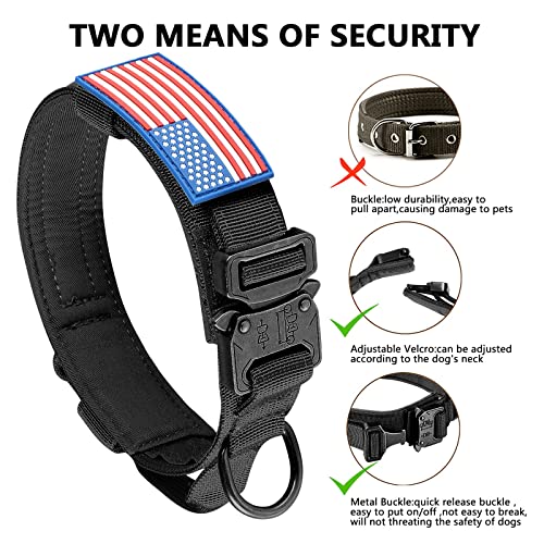 DAGANXI Tactical Dog Collar, Adjustable Military Training Nylon Dog Collar with Control Handle and Heavy Metal Buckle for Medium and Large Dogs, with Patches and Airtags Case (M, Black)