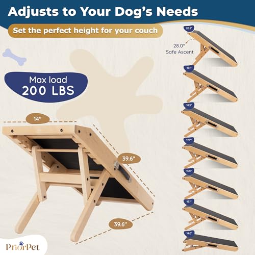 Dog Ramp for Couch – Non-Slip, Sturdy Build Foldable Wooden Dog Ramp – Supports up to 200 lbs – 7 Adjustable Heights (14"–20.5") – Enhanced Stability – Birchwood Pet Ramp for Small Dogs – Natural