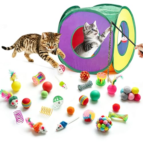 Retro Shaw 33 Pack Cat Toys for Indoor Cats, Collapsible Kitty Tunnel Tent with Feather Teaser Wand, Springs Balls Bell Mouse Interactive Kitten Hideaway Playhouse 15.7 Inches