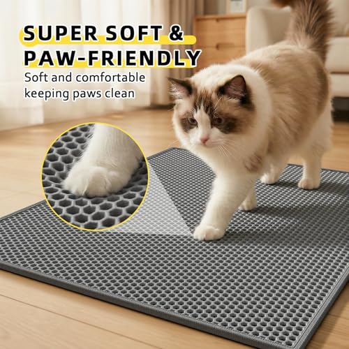 Kaxionage Cat Litter Mat, 30"X24" Large Double Layer Litter Trapping Mat, Waterproof/Urineproof, Easy to Clean Kitty Litter Mats for Floor, Scatter Control (Grey-1Pack)