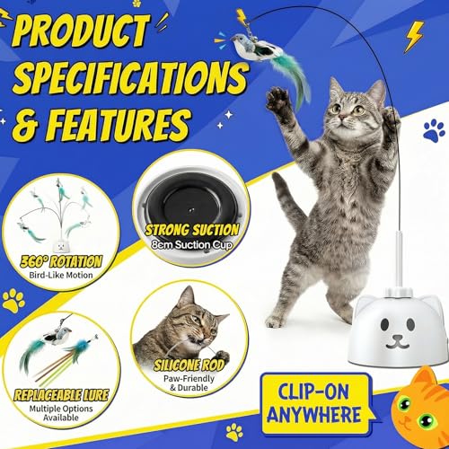 CATPICK Interactive Cat Toys for Indoor Cats - Automatic Flying Bird Feather Toy, Rechargeable Electric Cat Wand with Sticky Suction Base, Smart Motion Activated Self-Play Enrichment Toy for Bored Cat