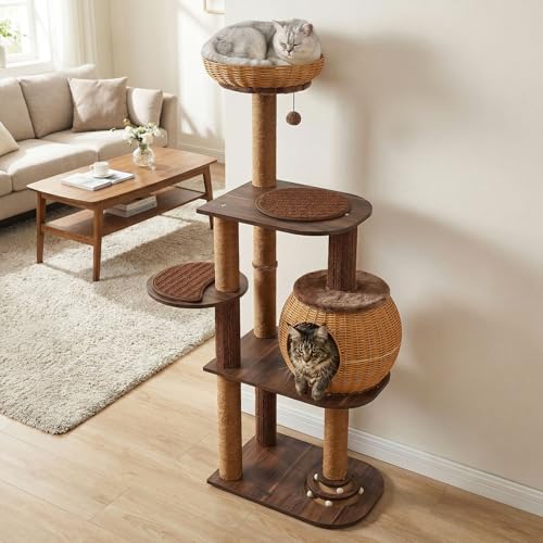 PETSITE 59.5-inch Tall PE Rattan Cat Tree, Multi-Level Modern Wooden Cat Tower with Sisal Scratching Posts, Ball Track Toy, Comfy Condo with Removable Soft Pads, and Hanging Ball, Ideal for Indoor Cat