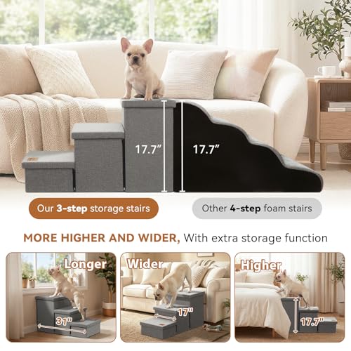 Zerbuger Wider Dog Ramp for High Bed with Storage 18" H, Foldable Dog Stairs for Small Medium Large Older Senior Animal, Sturdy Dog Step for Climbing Bed or Couch, Arthritis-Friendly (Gray, No Condo)