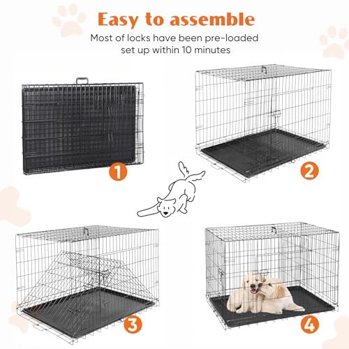 Sweetcrispy 42 Inch Dog Crate, Medium Large Crates Double Door Folding Metal Wire Dog Cage with Plastic Leak-Proof Pan Tray, Pet Kennel for Indoor, Outdoor, Travel