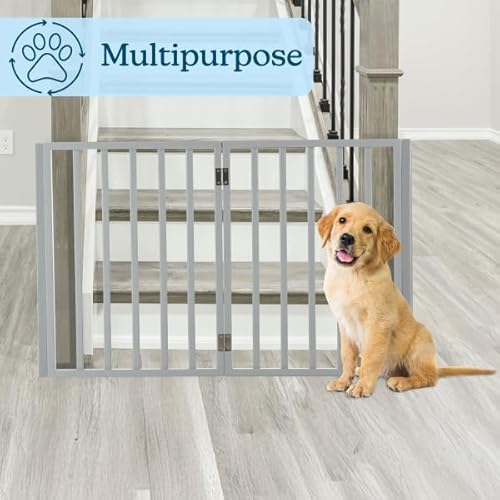 Pet Gate - 4-Panel Indoor Foldable Dog Fence for Stairs, Hallways, or Doorways - 72x24-Inch Retractable Wood Freestanding Dog Gates by PETMAKER (Gray)