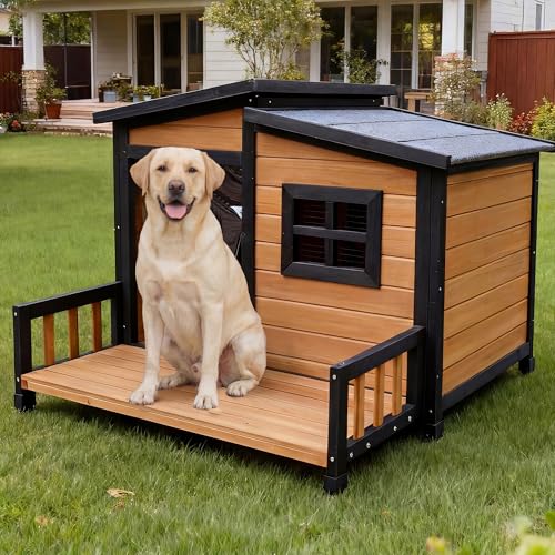 RUNSHED Large Indoor Outdoor Dog House,Wood Insulated Dog House,Weatherproof Outside Shelter with Elevated Floor,Easy to Assemble(39.3" L x 37.5" W x 30" H) Suitable for Small and Medium-Sized Dogs