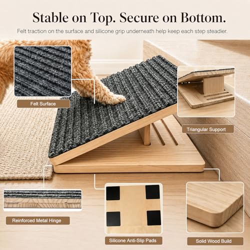 Weathrix 2 Pack Dog Ramp for Stairs - Solid Wood Adjustable & Foldable Pet Ramps, 3 Heights, Non-Slip Silicone Base & Traction Felt, 100lb Capacity, Indoor Stairs & Porch