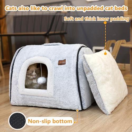 cat Bed cave-cat beds for Indoor Cats,Soft and Comfortable,Cute cat House,with Removable Washable Cushioned Pillow,Enclosed cat Bed,Kitty pet hut、Hideaway,Small Dog Tent,Grey