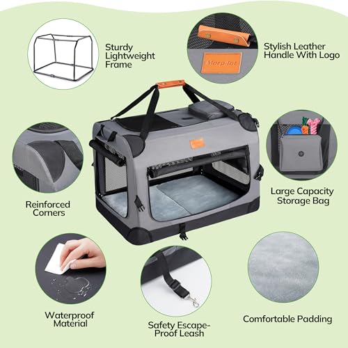Morpilot 24-inch Portable Collapsible Dog Crate: Travel Dog Crate Soft-Sided for Small Dogs up to 27lbs, with Foldable Bowl, Shoulder Strap & Storage Pockets, Grey