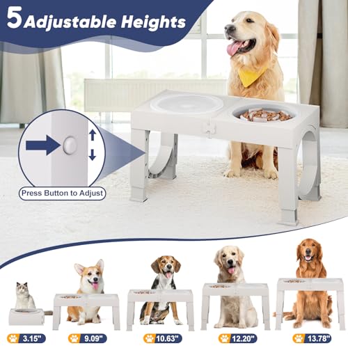 XIAZ Elevated Dog Bowls Large Breed Raised Dogs Bowl Stand Large/Medium Sized Dog Slow Feeder Dogs Bowls Food Water Stands 5 Heights Adjustable 9/11/12/14in Pet Feeder Dish Station