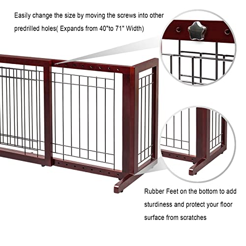 Bonnlo Free Standing Dog Gate, 37" - 68" Wide Pet Gate for Fireplace Stairs Doorways, Wooden Adjustable Pet Fence Indoor, Christmas Tree Gate (Cherry)