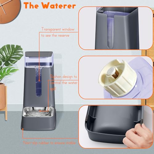Hipidog Cat Food Dispenser and Cat Water Dispenser Set with Stainless Steel Bowls Gravity Dog Feeder for Small Medium Big Cat Dog Pet Puppy Kitten, 1 Gallon x 2
