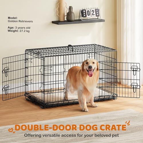 Yaheetech 42 inch Double Door Dog Crate w/Divider for Puppy, Collapsible Metal Dog Kennel with Removable Tray, Portable Travel Cage, Black