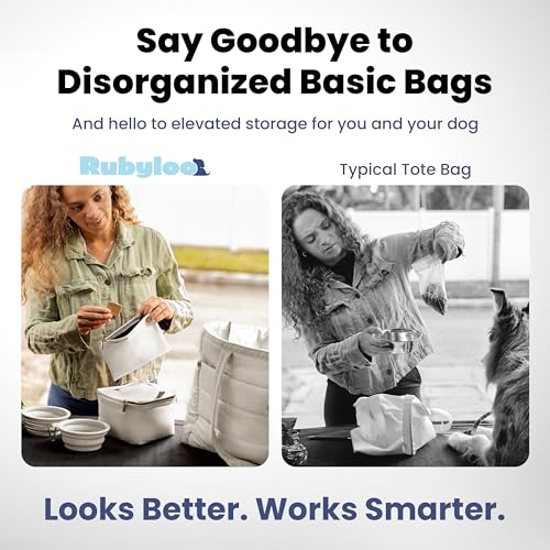 rubyloo Puffer Dog Travel Bag for Dog Moms – Doggy Diaper Bag with Pet Bowls & Food Storage or Everyday Puffy Tote – Doggy Mom Gifts for Women – Lightweight, Travel-Ready Gift for Pet Lovers – Beige