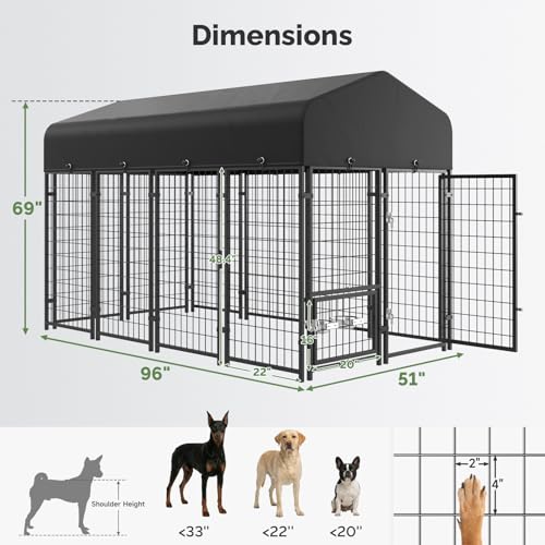 Sino Luban Dog Kennel Outdoor, 8x4x6FT Large Outside Dog Kennel with Roof, Heavy Duty Outdoor Kennel Dog Run Enclosure with 2 Rotating Bowls & Secure Lock for Large Dogs