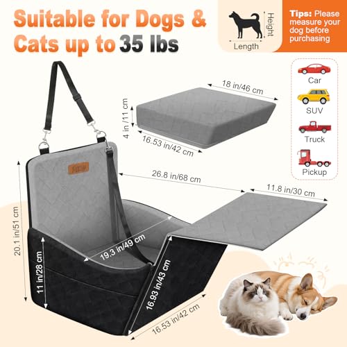 Tivray Elevated Dog Car Seat, Dog Booster Car Seats for Small & Medium Breeds Up to 35lbs, Fully Detachable and Washable, Soft Foam Pet Carseat with 2 Storage Pockets & 3 Safety Belts, Black & Gray