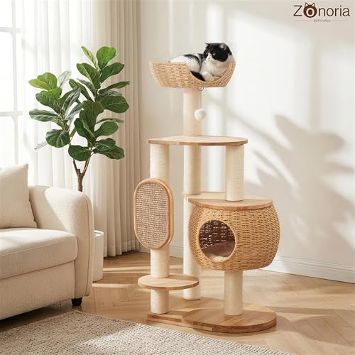 Modern Cat Tree，Cat Tower with Scratching Post, Handwoven Pumpkin Nests and Baskets,Sisal Blanket