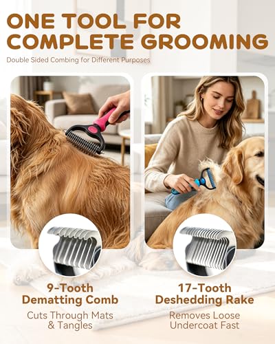 Pet Pro Grooming Tool, 2-In-1 Double-Sided Grooming Tool, Deshedding Dog Brush, Pet Shedding Remover Rounded-Tooth Comb For Painlessly Removing Knots And Loose Hair (Blue-Large)