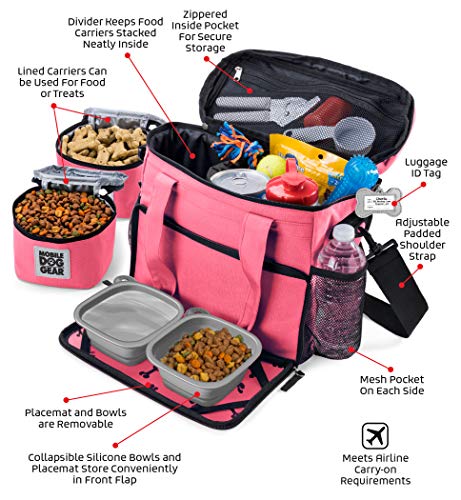 Mobile Dog Gear, Week Away Dog Travel Bag for Small Dogs, Includes Lined Food Carriers and 2 Collapsible Dog Bowl, Pink