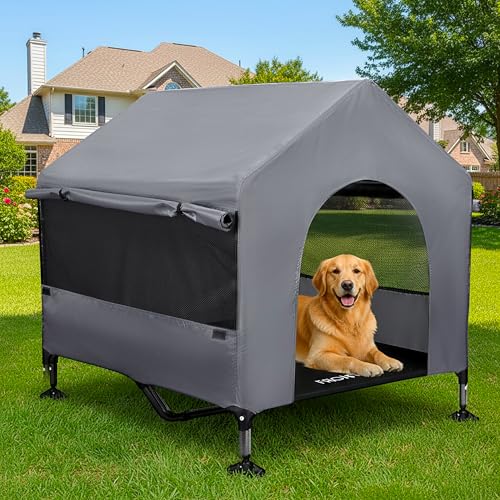 Pawmmo 42" Dog House Outdoor Indoor with Breathable Mesh Windows, 2-in-1 Outside Dog House Elevated Dog Bed Cot Dog Tent Shade Shelter, Easy to Assemble & Clean (42 INCH)