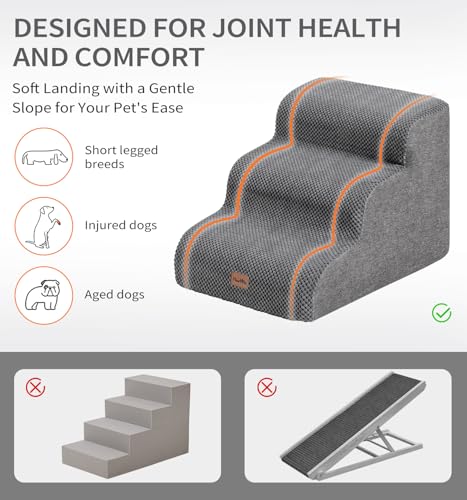 Made4Pets Dog Stairs Ramp for Small Dogs 15.7" H, 3-Step Dog Steps for Bed Couch Sofa and Chair, 35D Foam Pet Steps for Small Dogs and Cats, Non-Slip Bottom Pet Stairs, Grey