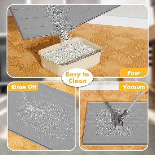 Pieviev Silicone Cat Litter Trapping Mat, 34''x22'' Large Cat Litter Mat, Easy to Clean & Soft on Kitty Paws, Waterproof Kitty Litter Pads for Indoor Cats, Light Grey