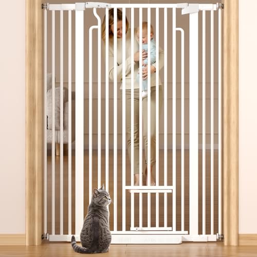 Ostutry 53in Extra Tall Cat Gate for Doorway, 29.5-40.6in Wide Auto Close Pet Gate with Cat Door, Climb Proof Dog Gate No Drilling Pressure Mounted, White