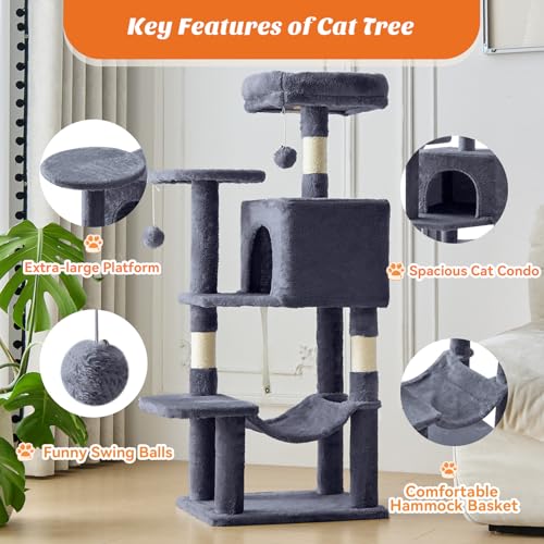 Sweetcrispy 44 Inch Cat Tree Tower, Cat Climbing Tower with Natural Sisal Scratching Posts, Hammock, Pet Condo for Indoor Cats and Kittens Play, Dark Grey