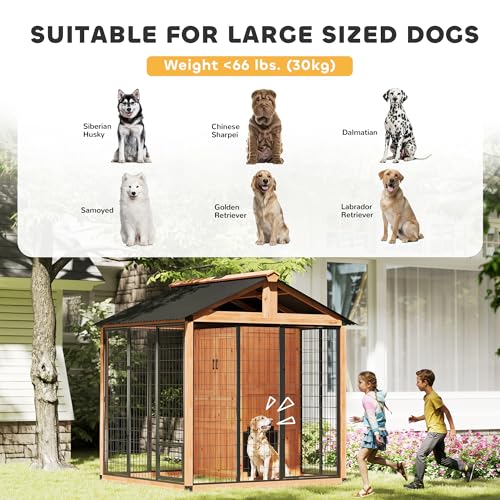 PawHut 7' x 6' Extra Large Outdoor Dog Kennel, Walk-in Wood Dog House with Internal Storage Cabinet, Pet Shelter with Waterproof Roof, Stainless Steel Bowls, Feeding Door for Large Breeds, Yellow