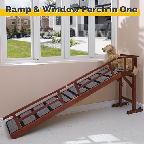 KUVETO Dog Ramp for Bed or Couch, Wooden Pet Ramp with 20° Gentle Slope, Removable Side Rails, Non-Slip Surface, Top Platform & Wheels, Safe Bed Ramp for Small, Large & Senior Dogs, 74" Long, Mahogany