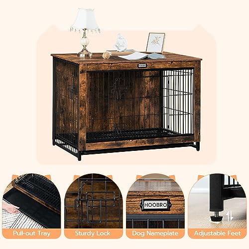 HOOBRO Dog Crate Furniture, 38.6" Large Dog Kennel Indoor, Wooden Cage with Pull-Out Tray, Double Doors Pet House Side End Table for Large/Medium/Small Dogs, Rustic Brown BF982GW03G1