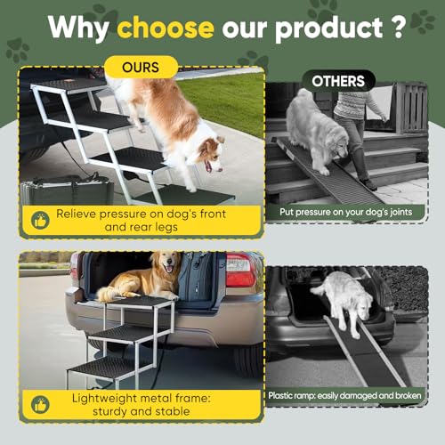 Sakerplus Dog Ramps for Car, 17.7inch Wide Foldable Dog Stairs with Non Slip Surface, Portable Pet Steps for SUV, High Beds, Truck, Support Up to 200lb, 5 Steps