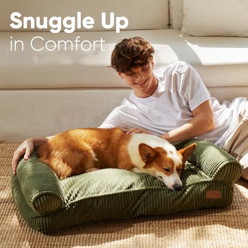 FUKUMARU Dog Couch Bed, Corduroy Cozy Cat Bed for Indoor Cats with Washable Cover, 28in Waterproof Orthopedic Dog Beds Sofa for Small Dogs and Large Cats, Cute Warm Cotton Pet Sofa, Green