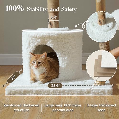 MUTTROS 59" Modern Cat Tree Tower for Large Cats w/2 Flower Perches-Natural Solid Wood Scratching Post with Real Branch-Luxury Boho Cat Furniture w/Condo & Wicker Basket Bed, Cloud White