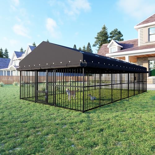 10x20x6 FT Dog Kennel, Outdoor Dog Enclosure with Roof for Large Dogs, Heavy Duty Metal Outside Dog Fence with Triple Safety Locks Secure Dog Cage