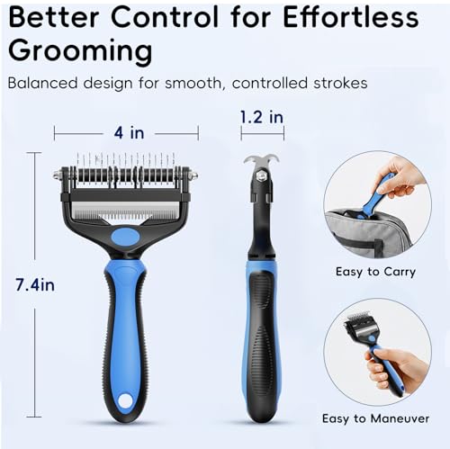 AXEFUN 3-in-1 Professional Pet Grooming Brush for Dogs & Cats – Dematting Comb, Undercoat Rake & Deshedding Tool for Long & Short Hair, Heavy Shedding & Matted Fur (Blue)
