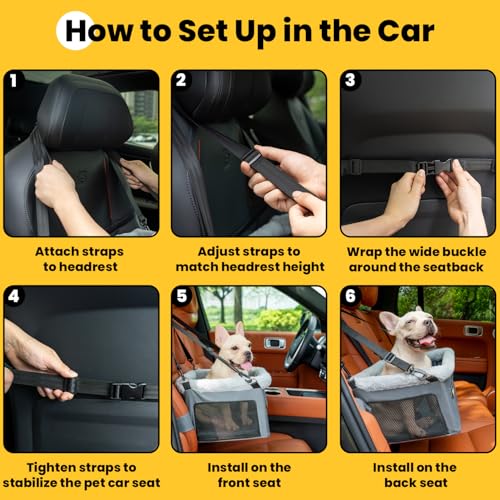Conlun Dog Car Seat Booster for Small Pet Under 20lbs, Portable Travel Puppy Car Seat with Internal Steel Frame, Comfort Cushion & Storage Pockets, Adjustable Straps Fit Most Cars, Grey