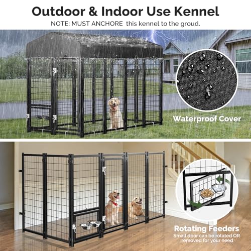 Sino Luban Outdoor Dog Kennel Outside Run with Doggy Door, Swivel Feeder&Roof - 8x4x6FT Large Dog Kennels Pens Outside for Large Dogs Breed- Heavy Duty Cage Yard (Can Connect to Your Dog House)