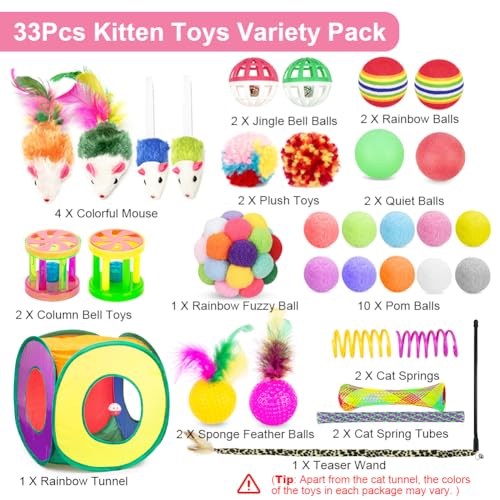 Retro Shaw 33 Pack Cat Toys for Indoor Cats, Collapsible Kitty Tunnel Tent with Feather Teaser Wand, Springs Balls Bell Mouse Interactive Kitten Hideaway Playhouse 15.7 Inches