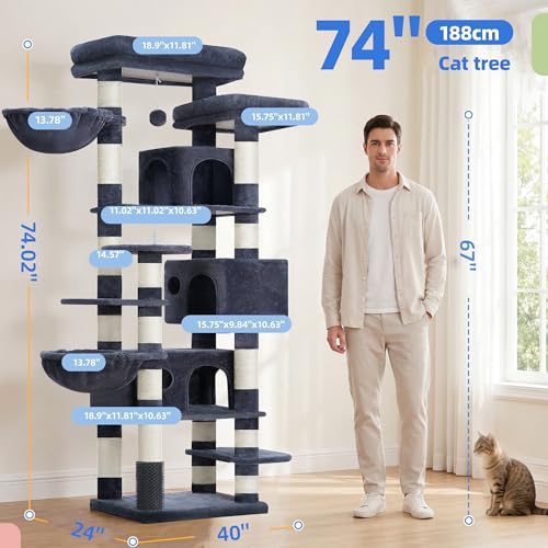 Hey-brother Cat Tree, 74 inches Multi-Level XL Large Cat Tower for Indoor Cats with Three Cat Condos, Two Large Top Decks and Cat Hairbrushfor Kittens, Cats and Pets, Smoky Gray MPJ035-MG