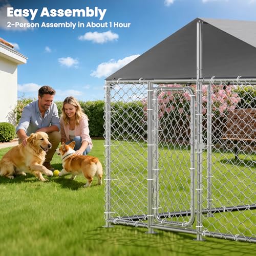 barlb 7.8' x 7.8' Heavy-Duty Outdoor Dog Kennel with Waterproof Cover, UV-Resistant Roof, Secure Locking Mechanism for Large Dogs, Metal Enclosure for All Weather Conditions(90x90x63IN)