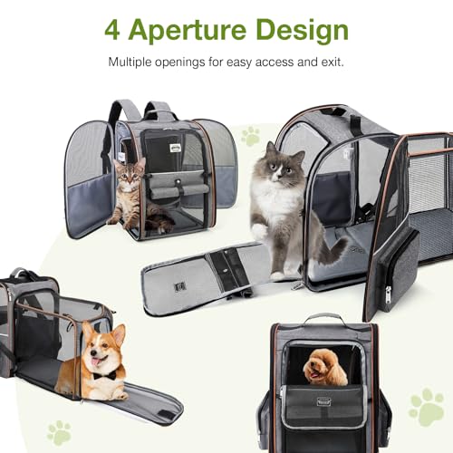 Lekebobor Cat Carrier Backpack, Expandable Pet Carrier with Sun Shade & Full Front Opening, Breathable Mesh Backpack for Small Dogs & Medium Cats Up to 18 Lbs, Foldable for Hiking, Camping (Grey)