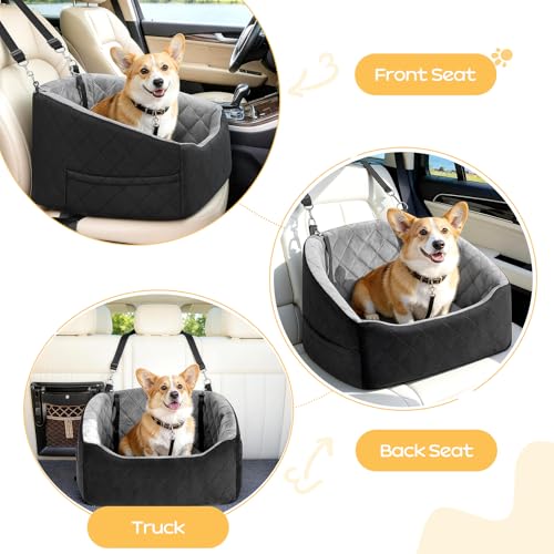 KANGREST Dog Car Seat for Small Dogs Up to 30 Lbs, Pet Travel Safety Bed for Puppy Cat, Fits in Front/Back Seat, Anti Slip Base, Fully Detachable Washable with 2 Safety Tether(Grey-Black)