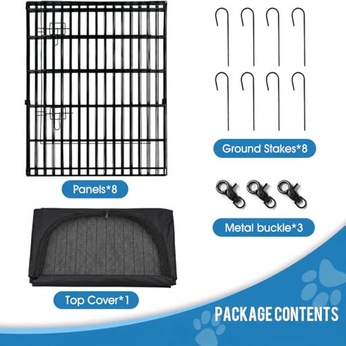 Dog Pen Pet Playpen Dog Fence Indoor Foldable Metal Wire Exercise Puppy Play Yard Pet Enclosure Indoor Outdoor 8 Panels 24 Inch with Bottom Pad/Top Cover (Black with top Cover)