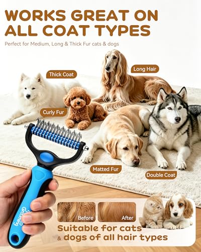Pet Pro Grooming Tool, 2-In-1 Double-Sided Grooming Tool, Deshedding Dog Brush, Pet Shedding Remover Rounded-Tooth Comb For Painlessly Removing Knots And Loose Hair (Blue-Large)