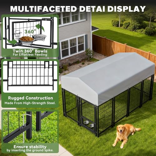 Oranland 7.8x4x5FT Outdoor Dog Kennel for Small/Medium Dogs, Welded Wire Outside Dog Pen, Anti-Rust Dog Run with Secure Lock, UV-Resistant Waterproof Roof & Swivel Stainless Steel Feeding Bowls