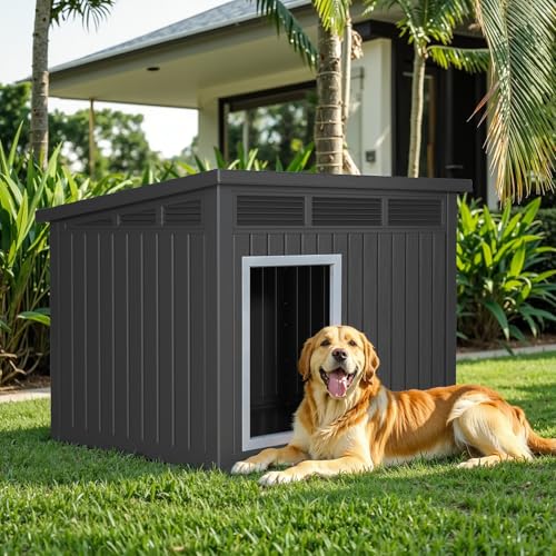 VIXZEN Dog House for Indoor and Outdoor Weatherproof Doghouse with Air Vents Elevated Floor Openable at The Top Easy to Assemble and Clean for Medium to Large (Black, (32.2"×25.12"×24.13"))